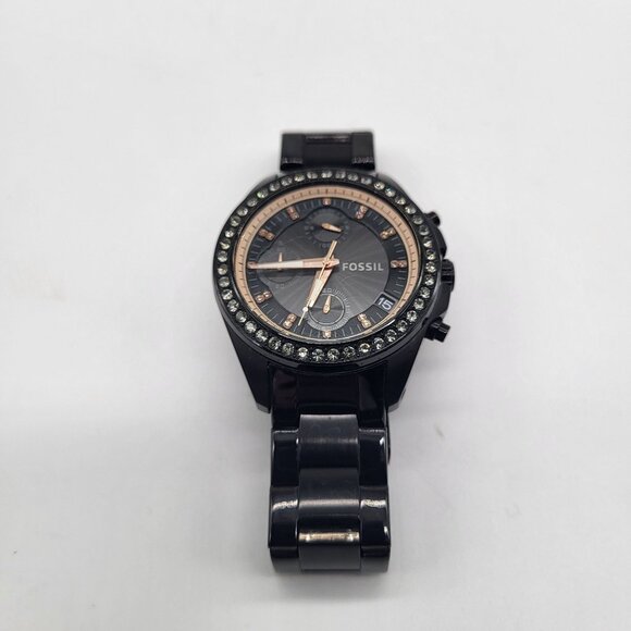 FOSSIL Women's Decker Watch Black Rhinestone Gold Tone - Picture 2 of 13